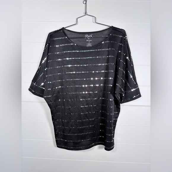 Rock 47 by Wrangler black with silver sequin semi sheer blouse top Medium - Picture 1 of 4